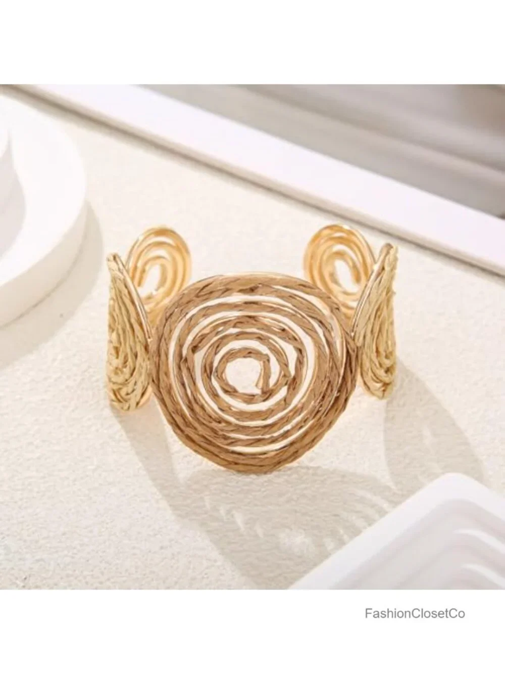 Raffia Spiral Cuff Bracelet Chunky Bangle Handmade Rattan Statement Bracelet